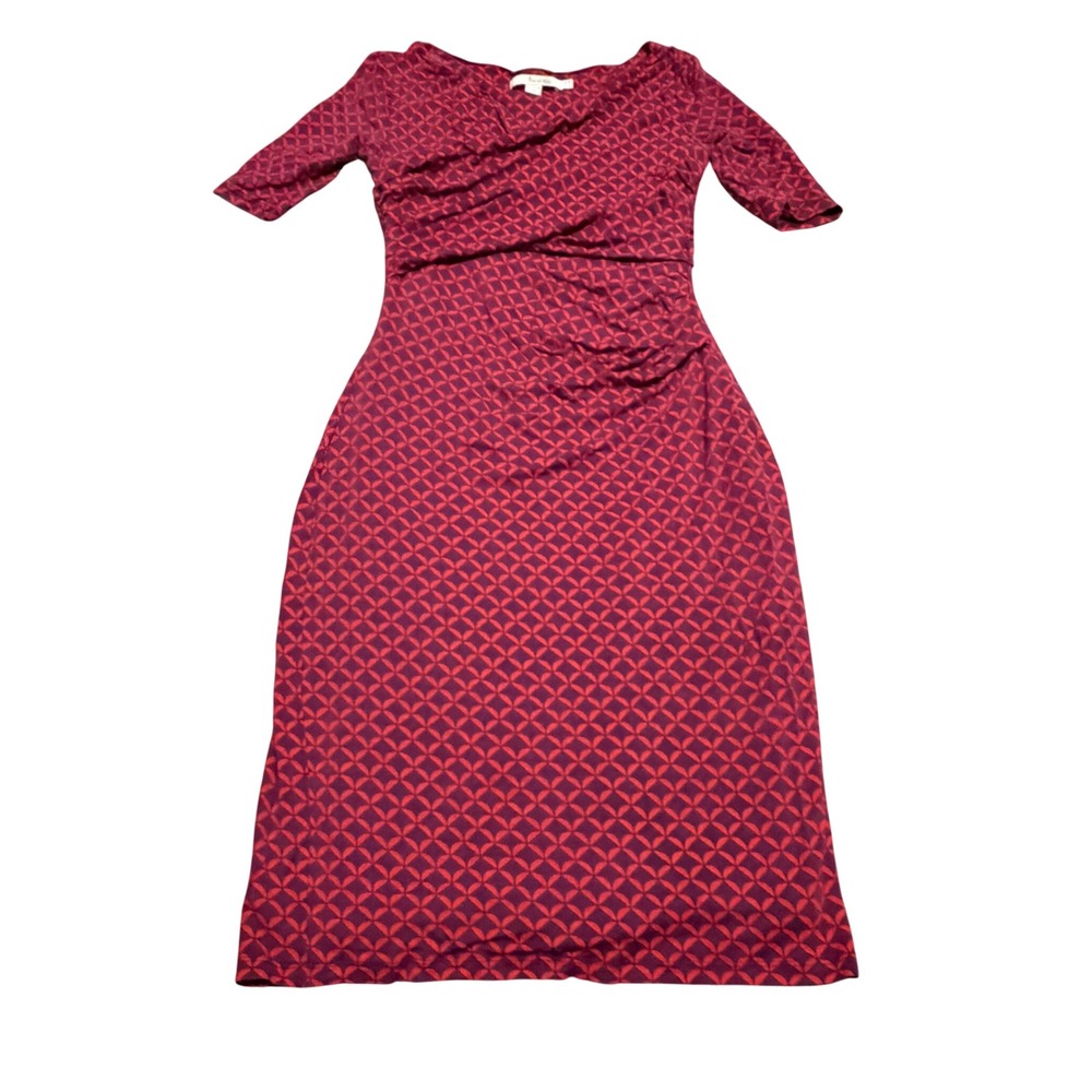 Boden Purple Red Geometric Petal Ruched‎ Sheath Dress Tencel Lyocell US 4R UK 8R